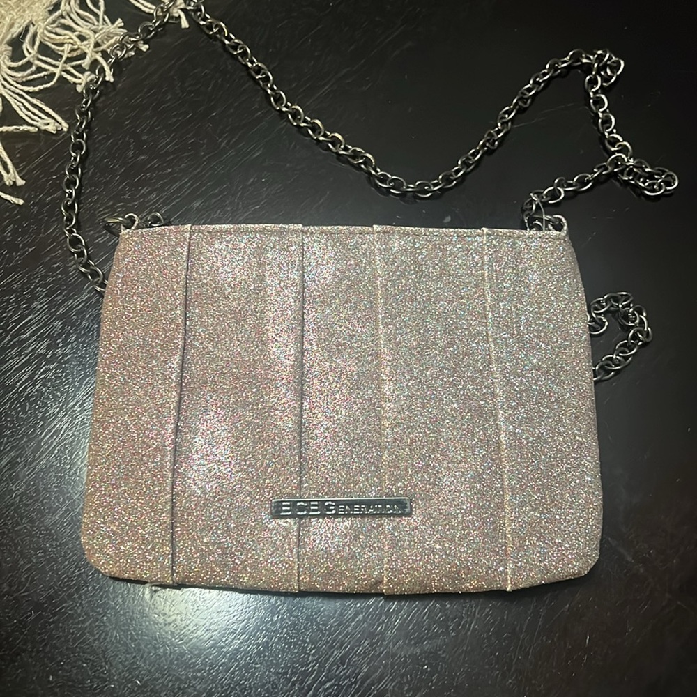 BCBGeneration Pink rose gold sparkle glitter shoulder purse with chain NWOT